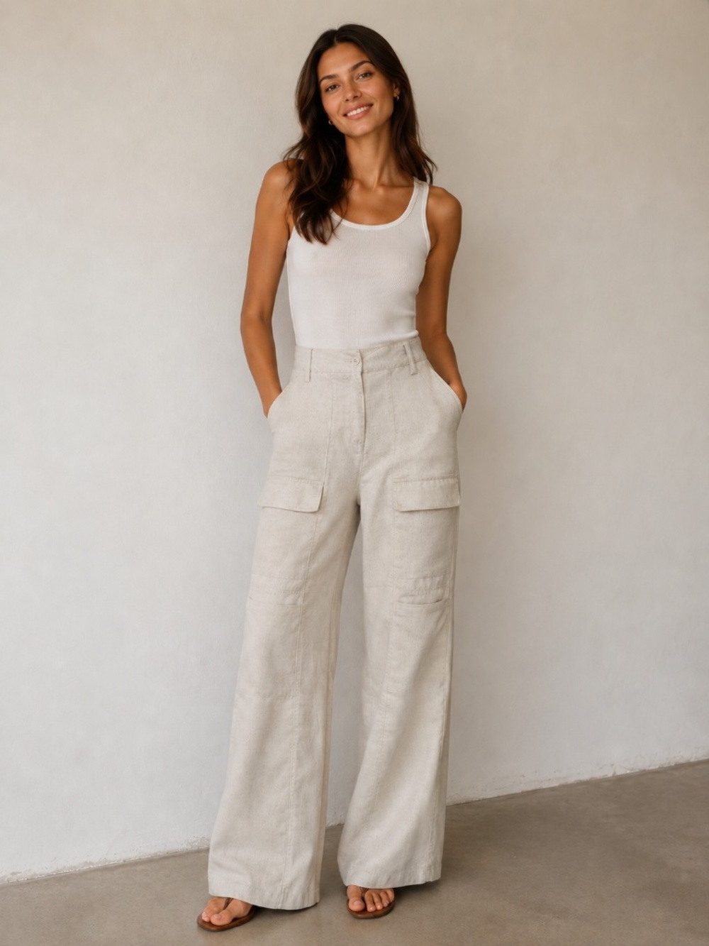 Linen wide leg trousers/pants S cargo pockets beach cottage core office luxury